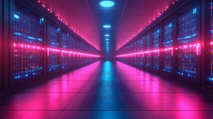 Neon Lit Server Room Corridor Data Center
