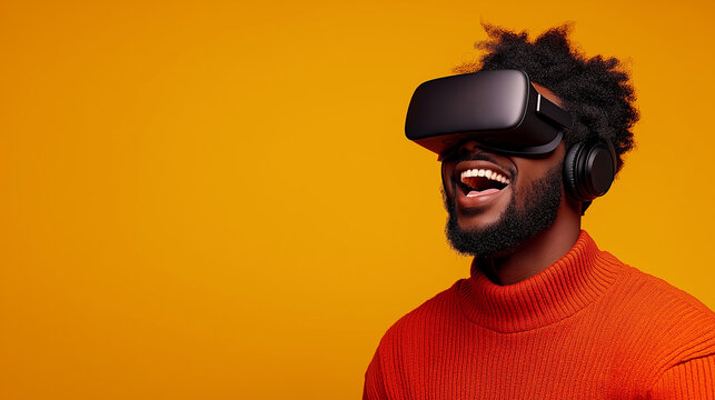 Joyful VR Experience: A young man with a vibrant smile uses a VR headset against a bold yellow background, his expression radiating pure enjoyment and immersion in virtual reality.  