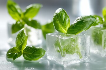 Obraz premium Fresh herbs frozen in ice cubes.