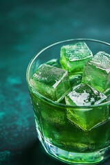Green liquid, ice cubes, glass, refreshing beverage.