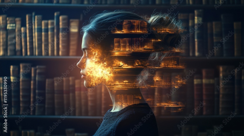 Poster mystical silhouette of a woman against a backdrop of a library filled with bright, fiery elements an