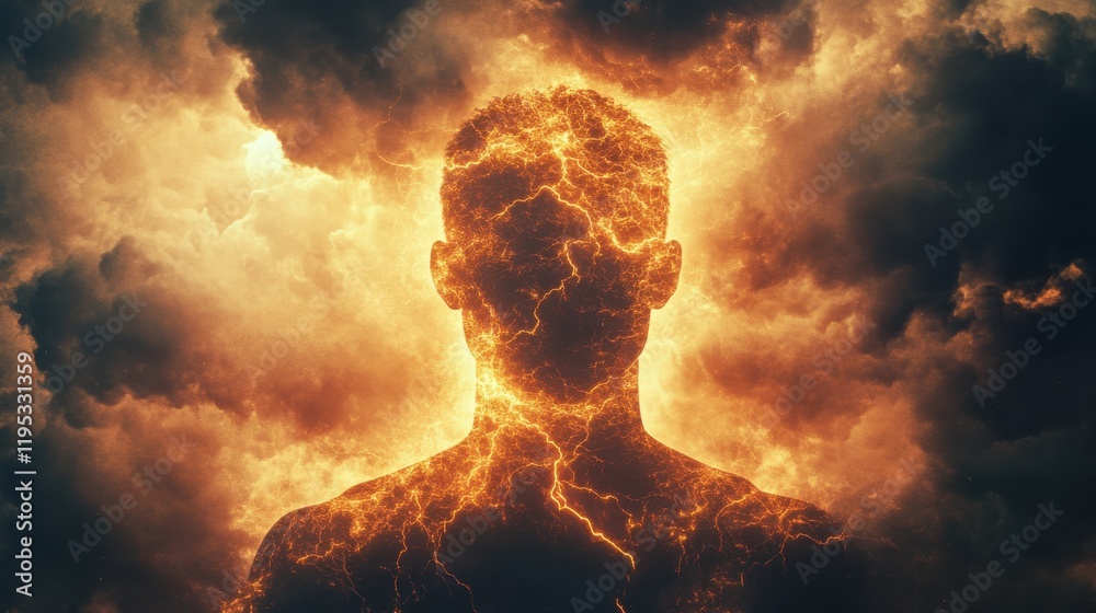 Poster mysterious silhouette of a man surrounded by fiery clouds and vibrant lightning