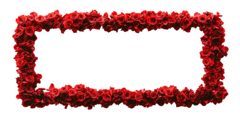 a white rectangular frame made of red roses on the edges isolated on a transparent background 