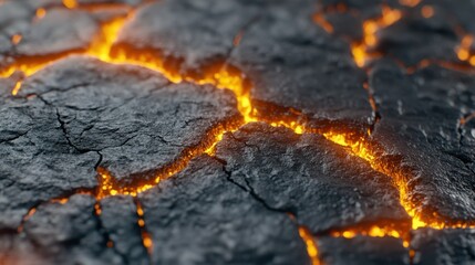 A close-up view of cracked, dark volcanic rock with glowing orange lava peeking through, showcasing the intense heat and geological activity of the Earth.