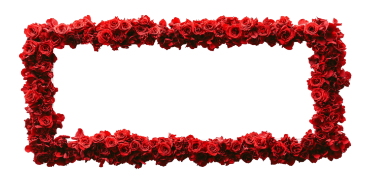 a white rectangular frame made of red roses on the edges isolated on a transparent background 