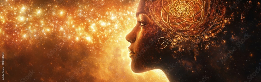 Poster Mystical profile of a man filled with cosmic patterns and vibrant celestial elements swirling in space