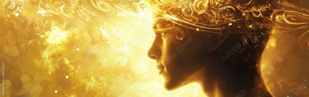 Poster Mystical profile of a man illuminated by golden light and swirling energy in an ethereal setting during twilight