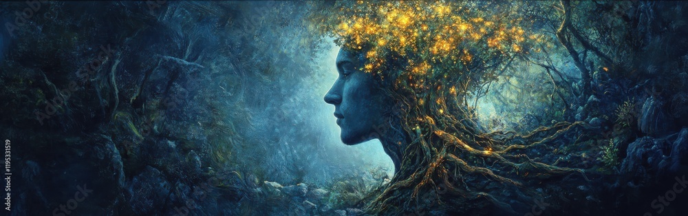 Aufkleber Mystical profile of a man with a tree-like structure filled with glowing elements in an enchanted forest setting