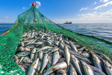 A net filled with freshly caught fish glimmers in the sunlight, showcasing a successful fishing trip in a serene ocean environment.