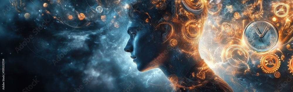 Poster mystical profile of a man filled with cosmic elements and time motifs showcasing a blend of fantasy 