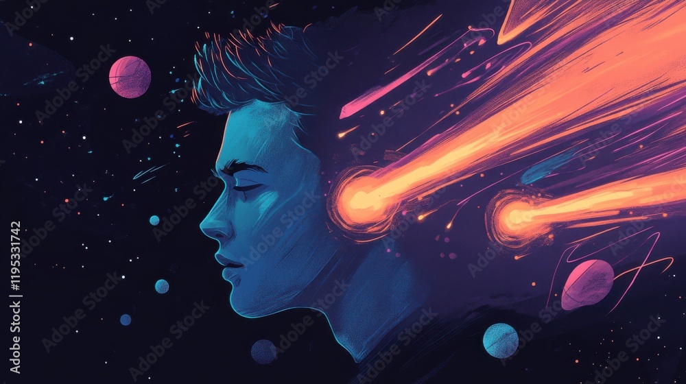 Poster profile of a man filled with cosmic elements and vibrant colors depicting a mystical journey through