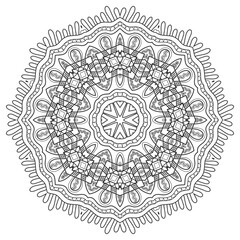 Mandala isolated design element, geometric line pattern. Stylized floral round ornament. Zen doodle art, monochrome sketch for coloring book page, textile fabric print. Black and white illustration