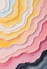 Fototapeta premium The image is a colorful abstract painting with a yellow and pink wave pattern. The colors are vibrant and the brushstrokes are visible. Banner, poster, background, Copy space