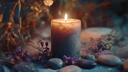 Tranquil candlelight setting with dried flowers and stones for mindfulness and meditation in a warm ambient atmosphere