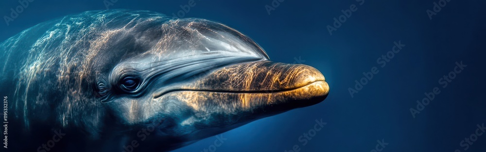 Poster close-up view of a dolphin's face showcasing its features in deep ocean water during a serene moment