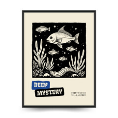 Underwater world, ocean, sea, fish and shells vertical flyer or poster template. Modern trendy Matisse minimal style.