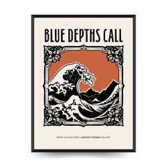 Underwater world, ocean, sea, fish and shells vertical flyer or poster template. Modern trendy Matisse minimal style.