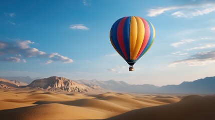A colorful hot air balloon floats over vast desert sands under a blue sky, with mountains visible in the background.