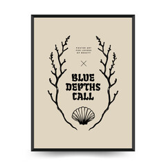 Underwater world, ocean, sea, fish and shells vertical flyer or poster template. Modern trendy Matisse minimal style.