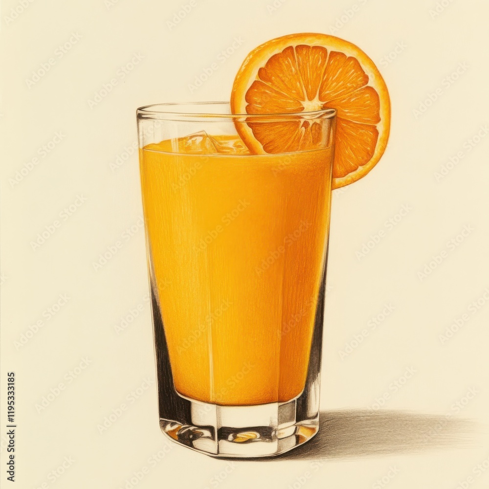 Poster refreshing glass of freshly squeezed orange juice garnished with a slice on a light background