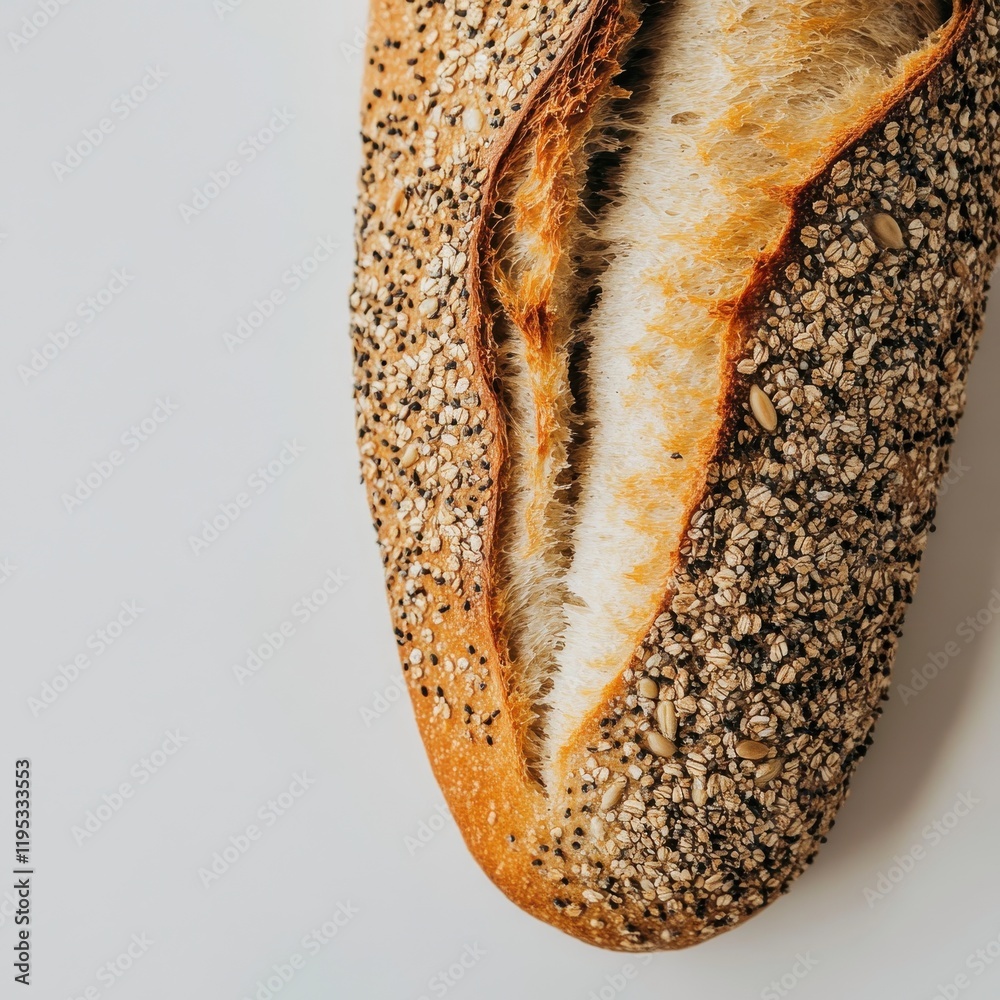 Poster freshly baked multigrain bread with a crusty exterior and visible seeds on a light background