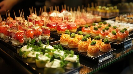 Fototapeta premium a delectable spread of pinchos and tapas typical of the basque country, showcasing an array of colorful foods and culinary traditions in san sebastian