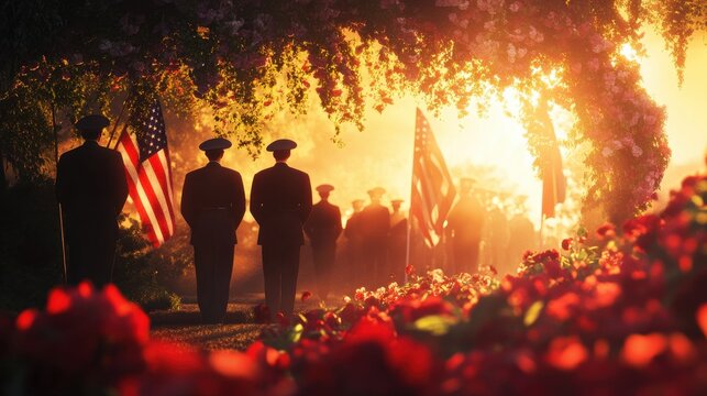 Memorial Day commemorations with veterans and flags under a serene sunset