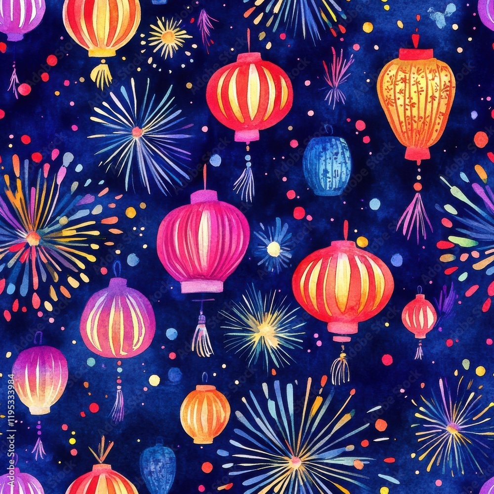 Poster colorful lanterns and fireworks create a festive atmosphere in a dynamic watercolor doodle design