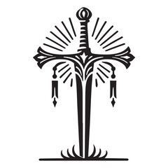 Excalibur Silhouette Vector Illustration, Solid White Background.