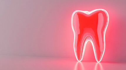 Creative neon dental art showcasing a stylized tooth against a minimalistic backdrop,copy space