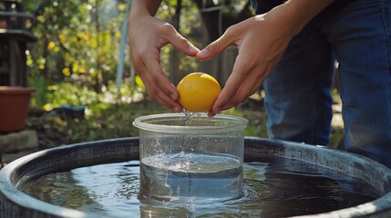 Creative physics experiment demonstrating concepts of buoyancy and density with a lemon in water during a school outdoor session