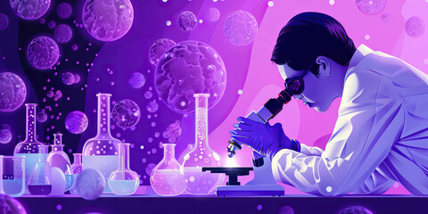 Scientist Using Microscope with Laboratory Glassware and Purple Spheres