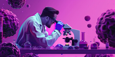 Scientist Using Microscope with Stylized Viruses and Lab Equipment