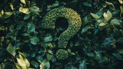 a question mark enveloped in lush green plants, symbolizing curiosity and exploration, merging nature with inquiry and intellectual engagement in a vibrant visual composition