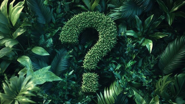 a question mark enveloped in lush green plants, symbolizing curiosity and exploration, merging nature with inquiry and intellectual engagement in a vibrant visual composition