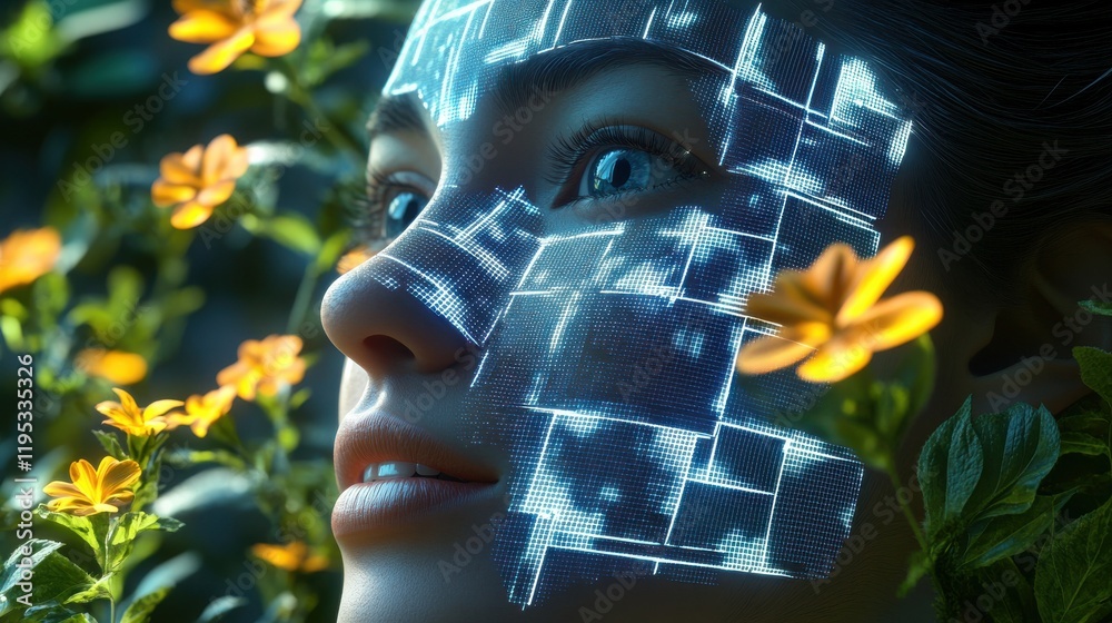 Poster visualization of a woman's face integrated with digital patterns and surrounded by vibrant flowers i