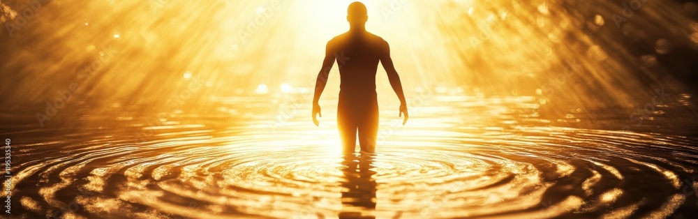 Poster man glowing in water under sunlight creating a mystical atmosphere at dawn