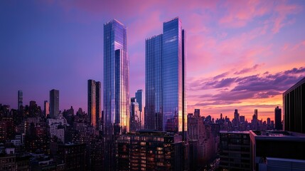 Naklejka premium Manhattan Skyline Sunset: Two Modern Towers at Dusk