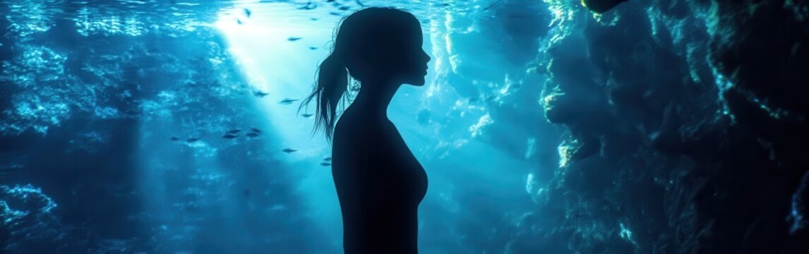 Woman glowing in an underwater environment surrounded by aquatic life and natural light rays during the day - Powered by Adobe