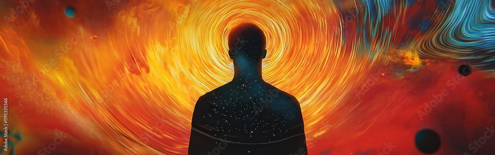 Aufkleber conceptual silhouette of a man contemplating a cosmic vortex at twilight in a surreal landscape