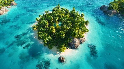 A tropical island surrounded by crystal-clear turquoise waters with lush greenery in the center