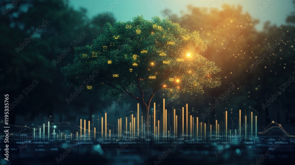 Aufkleber Growing tree symbolizing nature's connection to technology with vibrant digital elements