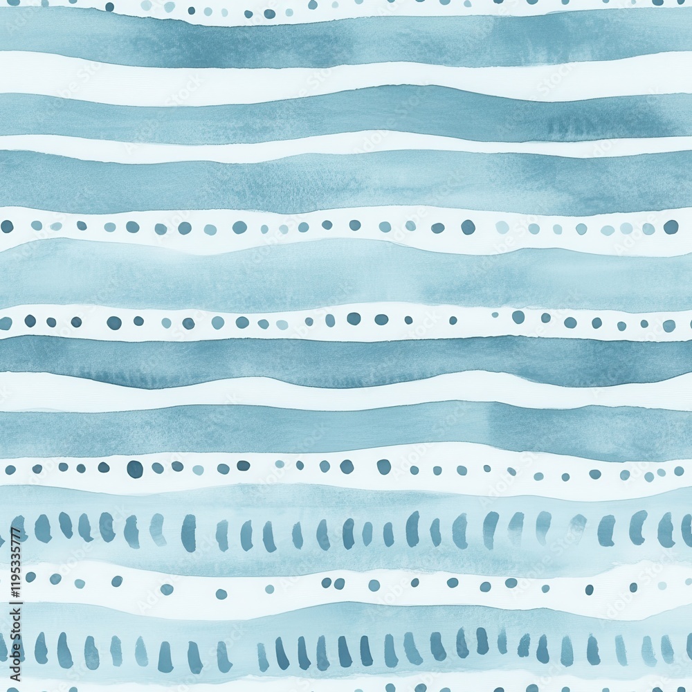 Poster calming watercolor doodle design featuring soft blue stripes and delicate dots creating a serene atm