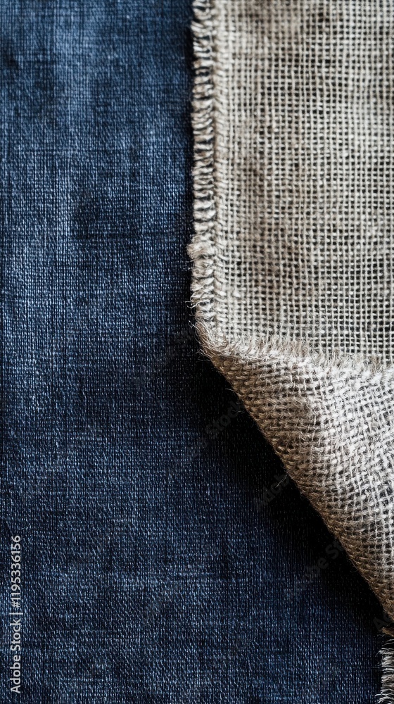 Poster Bold combination of navy blue fabric with silver-textured burlap creating a striking visual contrast in a textile arrangement