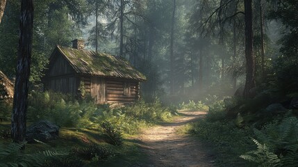 Rustic wooden cabin in sunlit forest surrounded by dense greenery and ferns