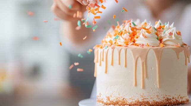 Celebrating sweetness with a beautifully decorated cake topped with sprinkles