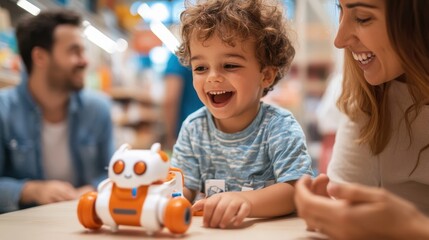 Joyful moments of a child and parent playing with a robot toy in a store