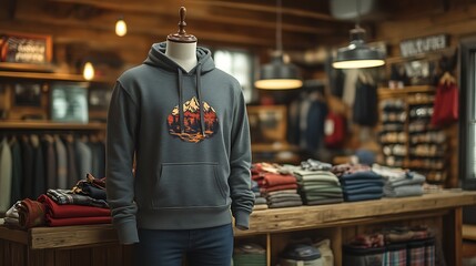 Gray hoodie with mountain print displayed on a mannequin in a rustic clothing store.