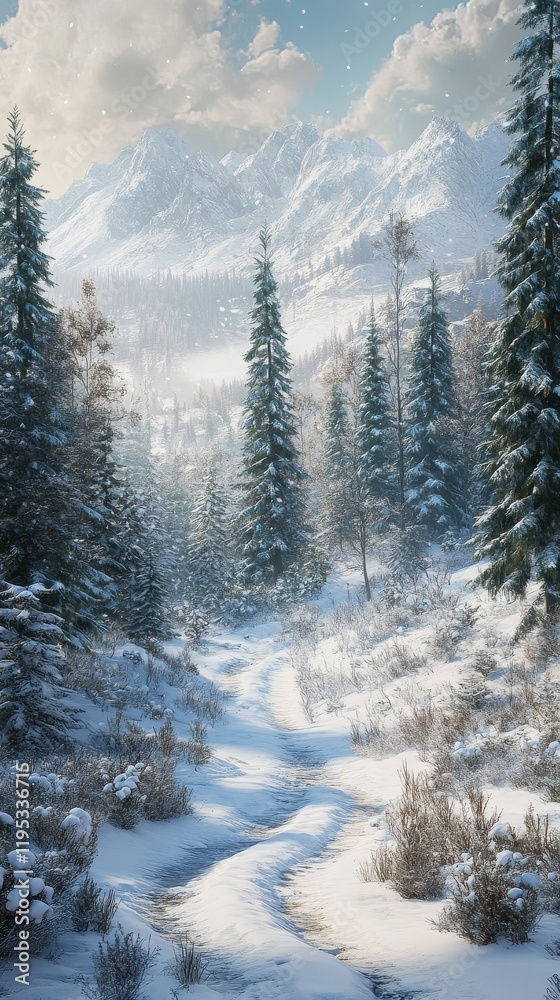 Poster snow-covered path through a serene forest with mountain backdrop on a winter day