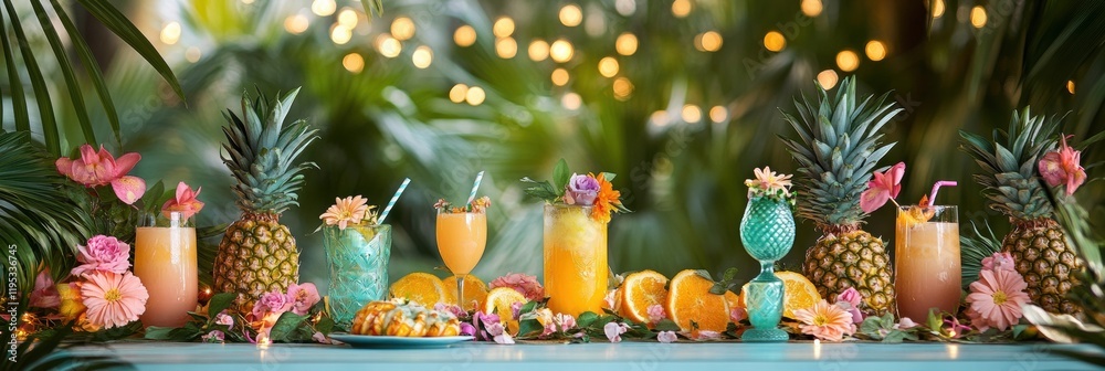 Poster tropical picnic with pineapples and refreshing drinks in a lush garden ambience during summer. gener